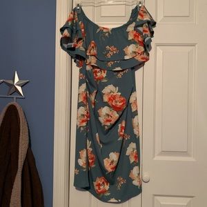 Maternity dress teal with pink and coral flowers.